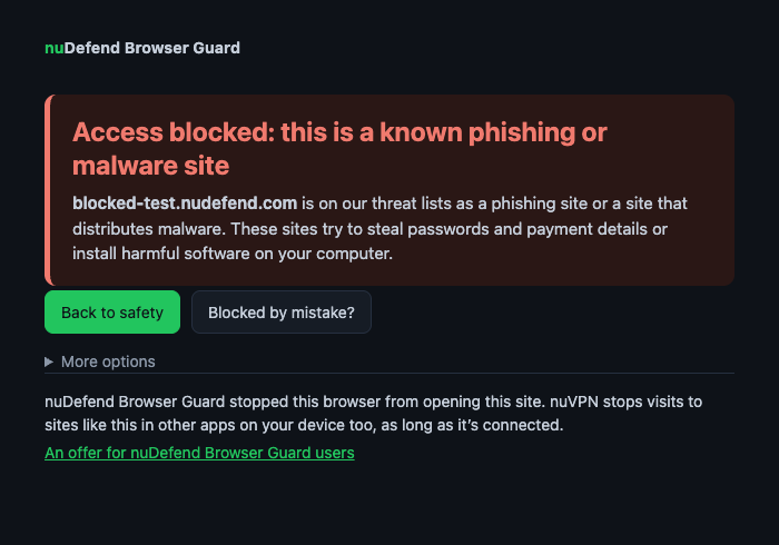 The nuDefend Browser Guard warning page, shown instead of a dangerous site